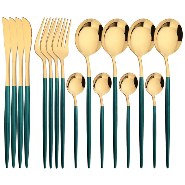 Gold Plated Cutlery - 16 adet Yeşil Altın Yemek Takımı