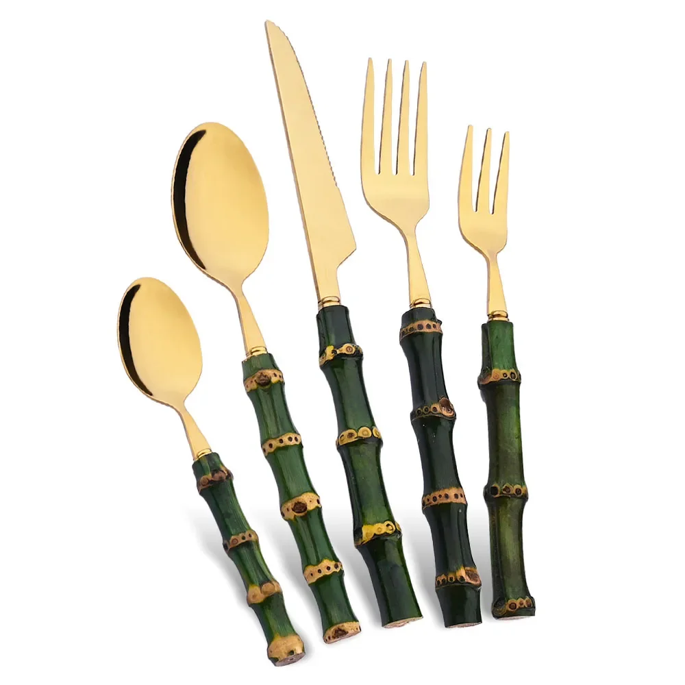 Gold Plated Cutlery - 5 adet doğal yeşil bambu saplı